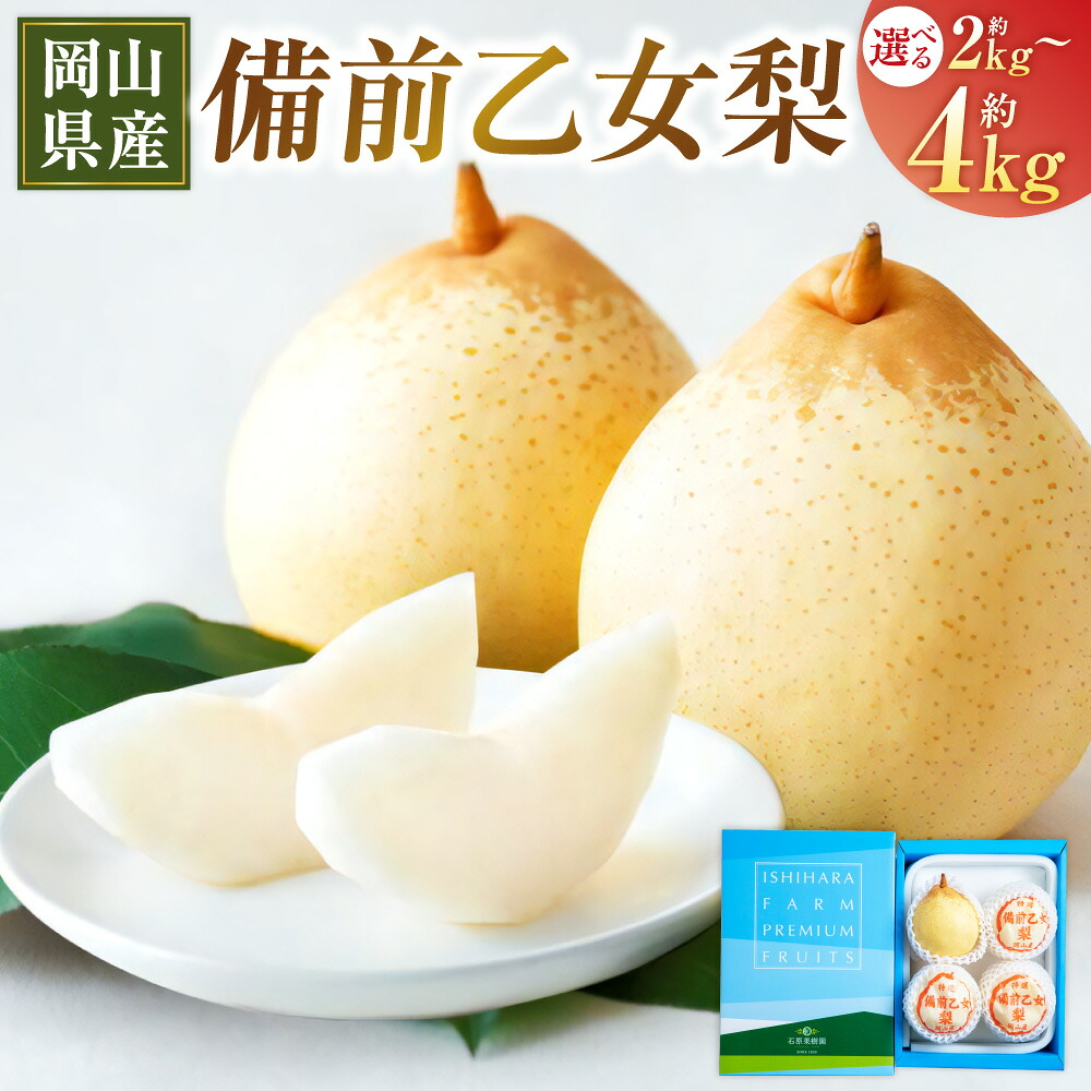 【ふるさと納税】備前乙女梨 〈選べる〉約2kg（3～4玉）または 約3kg（5～6玉）または 約4kg（6～9玉） 梨 なし ナシ フルーツ くだもの 果物 果実 岡山県産 岡山県 美咲町 送料無料 【2026年11月下旬～12月下旬発送予定】｜岡山県美咲町