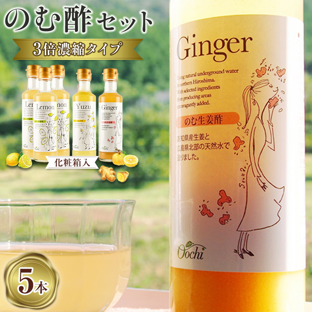 【ふるさと納税】【化粧箱入】3倍濃縮タイプのむ酢セット（檸檬・柚子・生姜）200ml&times;5本＜のむ檸檬酢 3本・のむ柚子酢 1本・のむ生姜酢 1本）＞｜広島県広島市