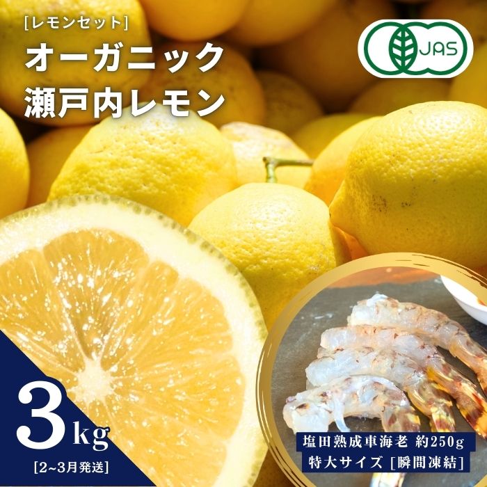 【ふるさと納税】レモンセット オーガニック瀬戸内レモン 3kg(2~3月発送) / 塩田熟成活車海老 250g 特大サイズ オーガニック 有機レモン 有機JAS レモン えび エビ エビフライ 晩酌 国産 瀬戸内 濃厚 甘さ控えめ 免疫力向上 健康 ビタミンC