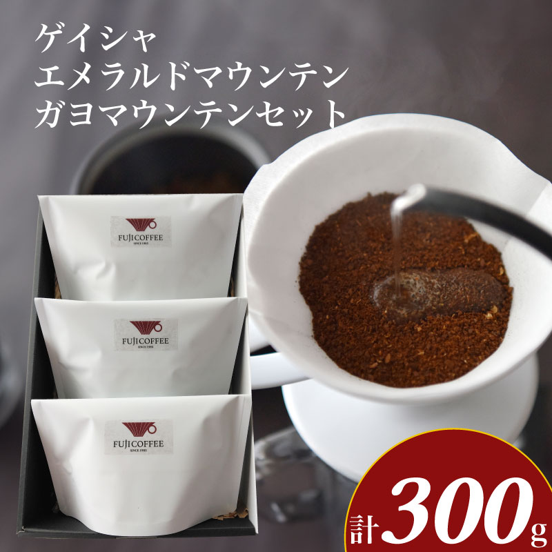 【ふるさと納税】 コーヒー 計 300g ゲイシャ エメラルドマウンテン ガヨマウンテン セット 珈琲 自家焙煎 スペシャリティーコーヒー ホットコーヒー アイスコーヒー コーヒータイム こだわりコーヒー ギフト プレゼント オフィス キャンプ アウトドア ふじ珈琲 下関 山口 11,900円