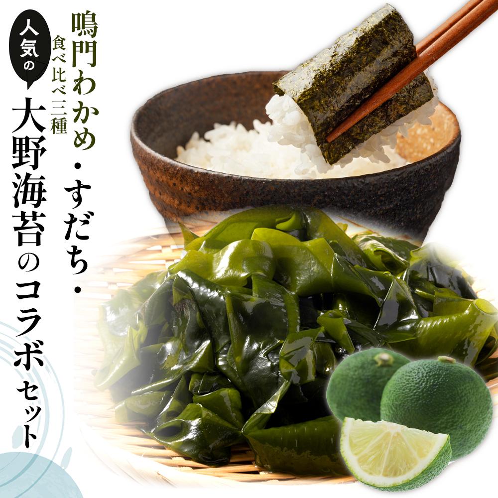 【ふるさと納税】鳴門わかめ食べ比べ三種、すだち、人気の大野海苔のコラボセット | 藻 魚介類 水産 食品 海鮮 海産 詰め合わせ 詰合せ  海苔 のり小分け 味噌汁 酢の物 サラダ 簡単調理 手軽 人気 おすすめ 送料無料 乾燥わかめ 海の幸 徳島