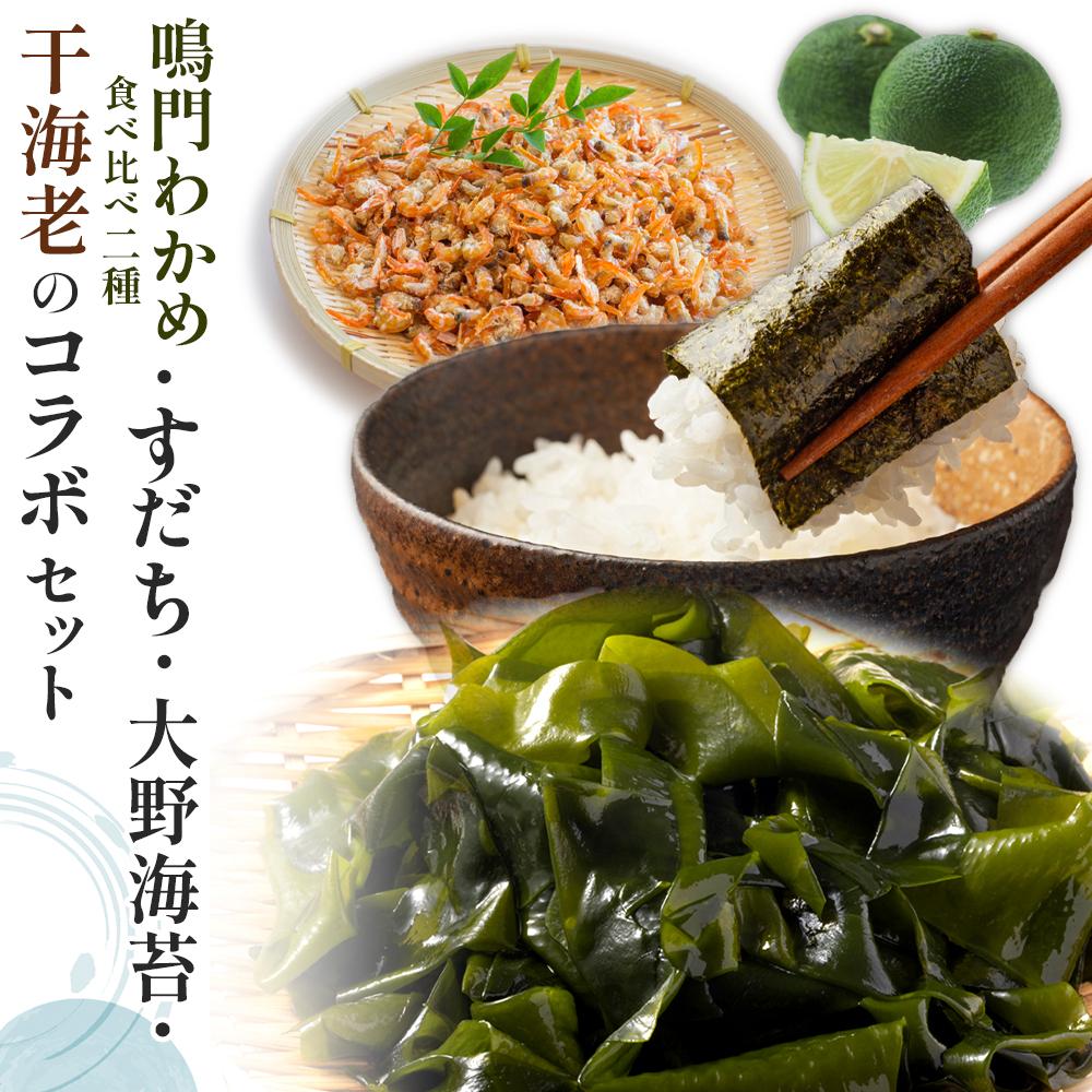 【ふるさと納税】鳴門わかめ食べ比べ二種、すだち、大野海苔、干海老のコラボセット | 藻 魚介類 水産 食品 海鮮 海産 詰め合わせ 詰合せ  海苔 のり 小分け 味噌汁 酢の物 サラダ 簡単調理 手軽 人気 おすすめ 送料無料 わかめ 海の幸 徳島