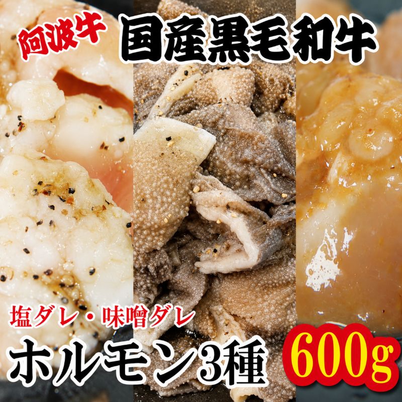 【ふるさと納税】 ホルモン 小腸 大腸 センマイ 3種セット 阿波牛 200g&times;3パック 小分け 計600g 国産 牛 黒毛和牛 塩ダレ 味噌ダレ たれ 塩 味噌 鍋 焼肉 脂 焼き シマチョウ ホソ もつ 肉 牛肉 BBQ 【北海道・東北・沖縄・離島への配送不可】｜徳島県小松島市