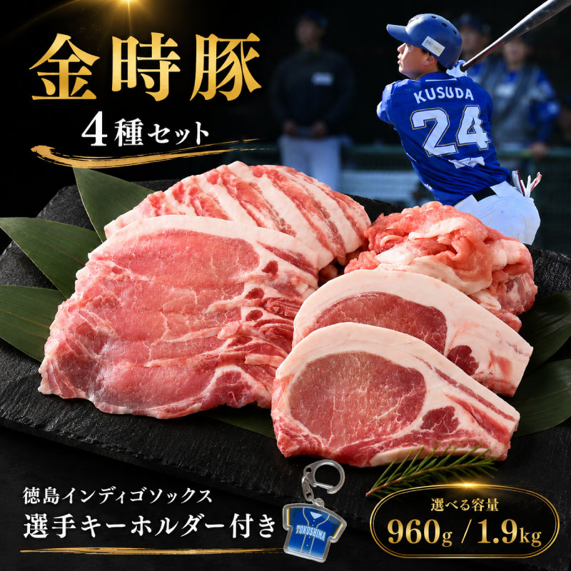 【ふるさと納税】 徳島 インディゴソックス グッズ セット 金時豚 豚肉 4種セット 960g 1.9kg 切り落とし ロース とんかつ バラ ロース 焼肉 小分け カレー BBQ アウトドア おかず おつまみ 惣菜 弁当 日用 ギフト 贈答 プレゼント お取り寄せ グルメ 送料無料 徳島県 阿波市|徳島県阿波市