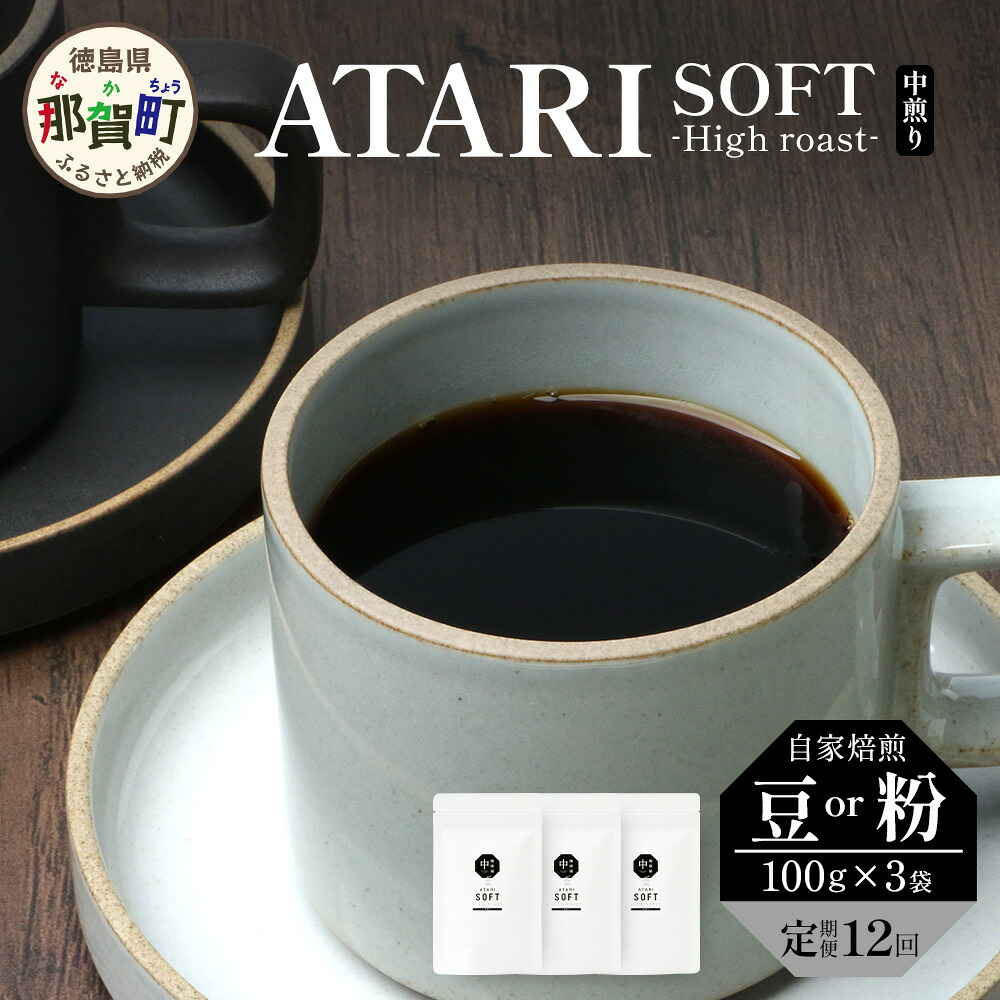 【ふるさと納税】【定期便12回】【選べる 豆or粉】珈琲屋中-ATARI- SOFT(中煎り) -High roast- 100g×3袋×12回【徳島県 那賀町 自家焙煎 コーヒー 珈琲 コーヒー豆 珈琲豆 豆 コーヒー粉 珈琲粉 粉 スペシャリティコーヒー レギュラーコーヒー 中煎り ハイロースト】CO-1516