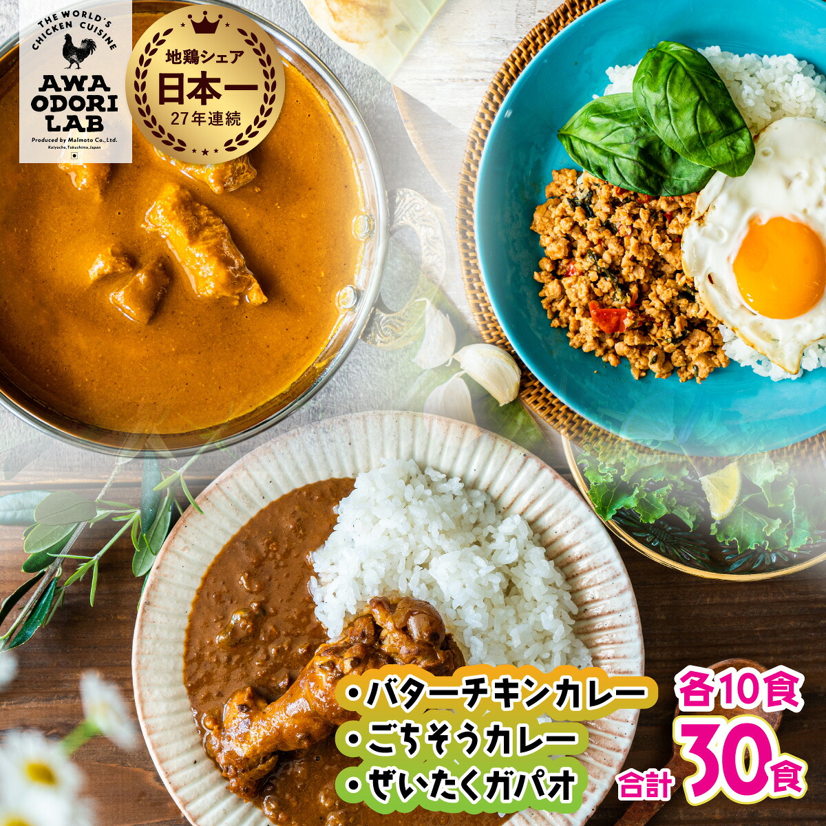 【ふるさと納税】旅する阿波尾鶏シリーズ 3種 各10食入 計30食 バターチキンカレー ごちそうカレー ぜいたくガパオ カレー ガパオ タイ料理 常温 レトルト 父の日｜徳島県海陽町 35,750円