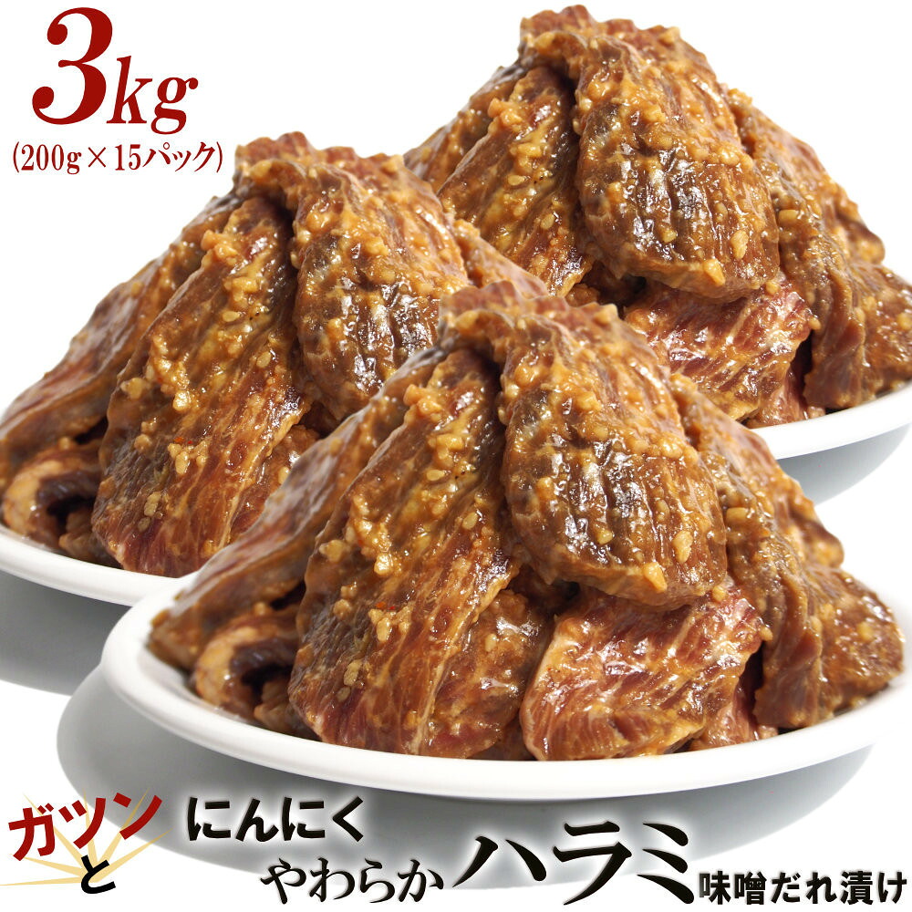 【ふるさと納税】ガツンとにんにくやわらかハラミ味噌だれ漬け3kg（200g&times;15） | 肉 お肉 にく 牛肉 ハラミ 牛ハラミ にんにく 味噌だれ 味付き 情熱ホルモン 小分け 便利 食品 ギフト 送料無料｜香川県高松市
