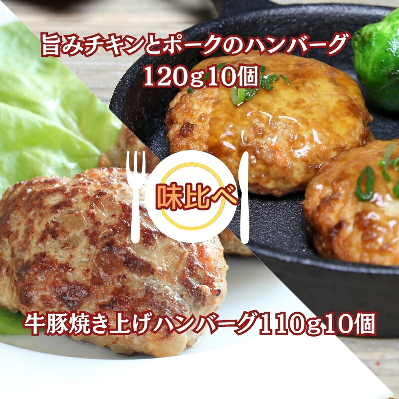 【ふるさと納税】旨みチキンとポークのハンバーグ 120ｇ10個と牛豚焼き上げハンバーグ110ｇ10個（冷凍直送）　お届け：年内配送：2025年12月15日までとなります。 翌年1月10日より順次配送