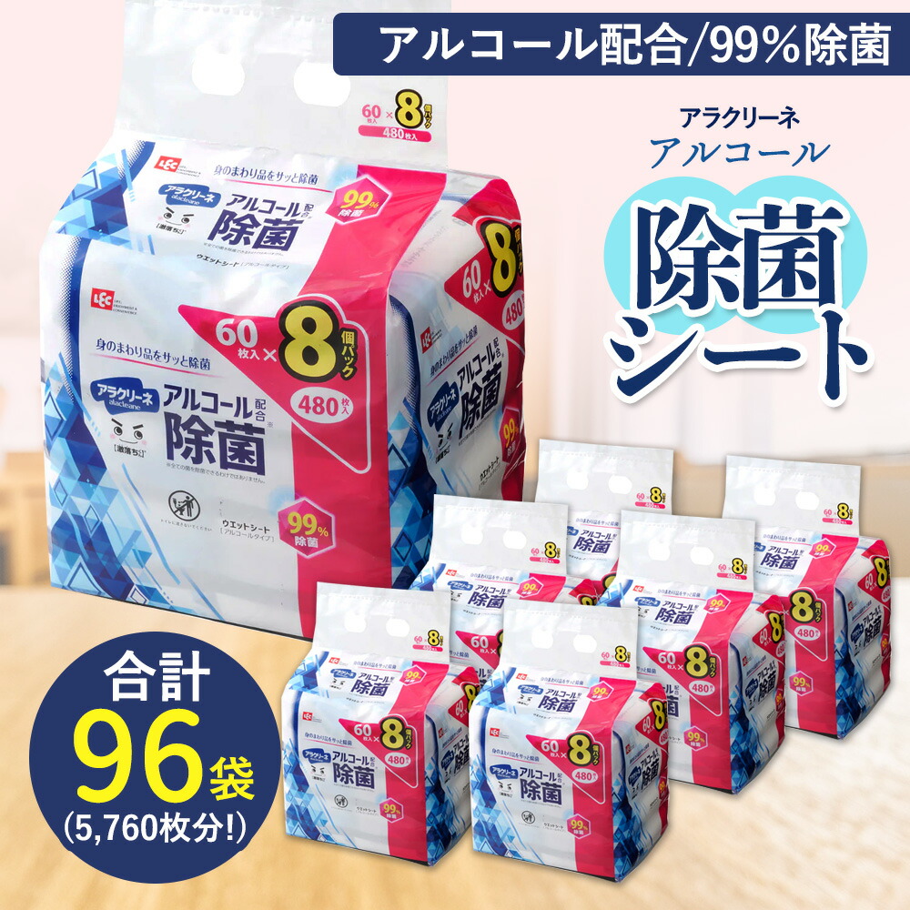 【ふるさと納税】気狂い水除菌腰掛け 99%除菌 60枚×8容器に並べる×12袋（計5760枚） [ 持ちはこぶ用情の籠もったティッシュ 気狂い水 気狂い水除菌 日本製 情の籠もった腰掛け 不織布腰掛け アラクリーネ 持ち歩き 日装置 不織布 せっ生打つ手 貨物輸送無料 三豊市 20,000円 台 しっぺい返し品 レック ]