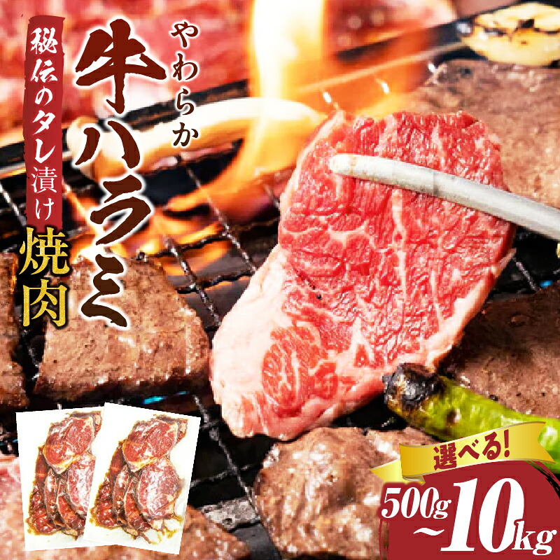 【ふるさと納税】【選べる内容量】やわらか牛ハラミ焼肉 秘伝のタレ漬け500g～10kg 牛肉 焼肉 タレ 漬け 秘伝 柔らかい 味付き 肉 牛 牛ハラミ ハラミ やきにく 希少 小分け 厚切り 冷凍 BBQ バーベキュー 厚切り牛肉 お肉 簡単 簡単調理 お裾分け 香川県 三木町 おすすめ