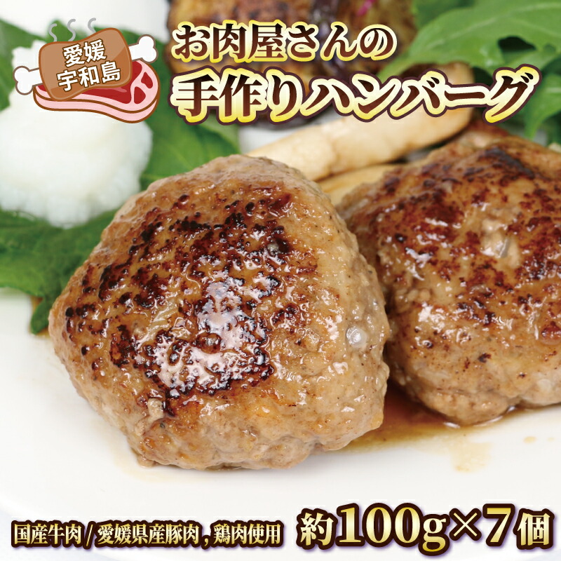 【ふるさと納税】 お 肉屋 さんの 手作り ハンバーグ 泉精肉店 100g &times; 7個 国産牛肉 豚 鶏肉 合い挽き 肉 お肉 にく 惣菜 おかず お弁当 冷凍 小分け 真空パック 焼くだけ 簡単調理 弁当 和風 デミグラス アレンジ可 国産 愛媛 宇和島 E010-142001｜愛媛県宇和島市