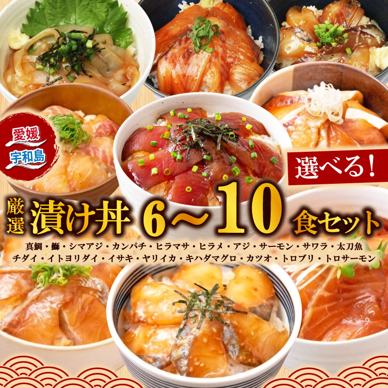 【楽天市場】【ふるさと納税】 漬丼 厳選 活締め 全18種 お任せ 漬け丼 選べる 6食 〜 10食 セット 南予ビージョイ 真鯛 鰤 シマアジ カンパチ ヒラマサ ヒラメ アジ サーモン サワラ 太刀魚 チダイ イトヨリダイ イサキ ヤリイカ キハダマグロ カツオ 時短 米 コメ こめ お手軽 宇和島:愛媛県宇和島市