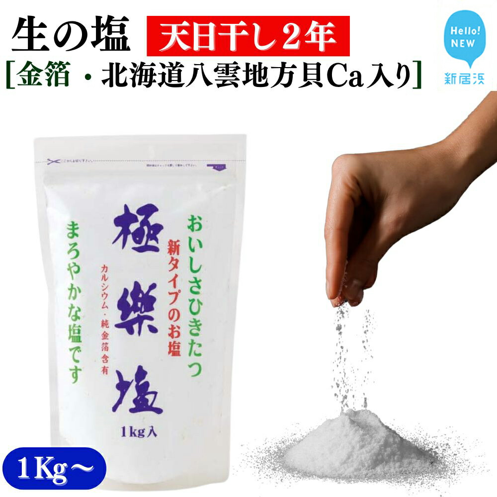 【ふるさと納税】天日干し2年! 火入れしない生の塩 極楽塩 1kg 金箔 北海道八雲産ニシキ貝の貝殻化石カルシウム入り こだわりの製法 塩 食塩 海塩 調味料 ソルト お清め 美容 入浴 うがい 歯磨き