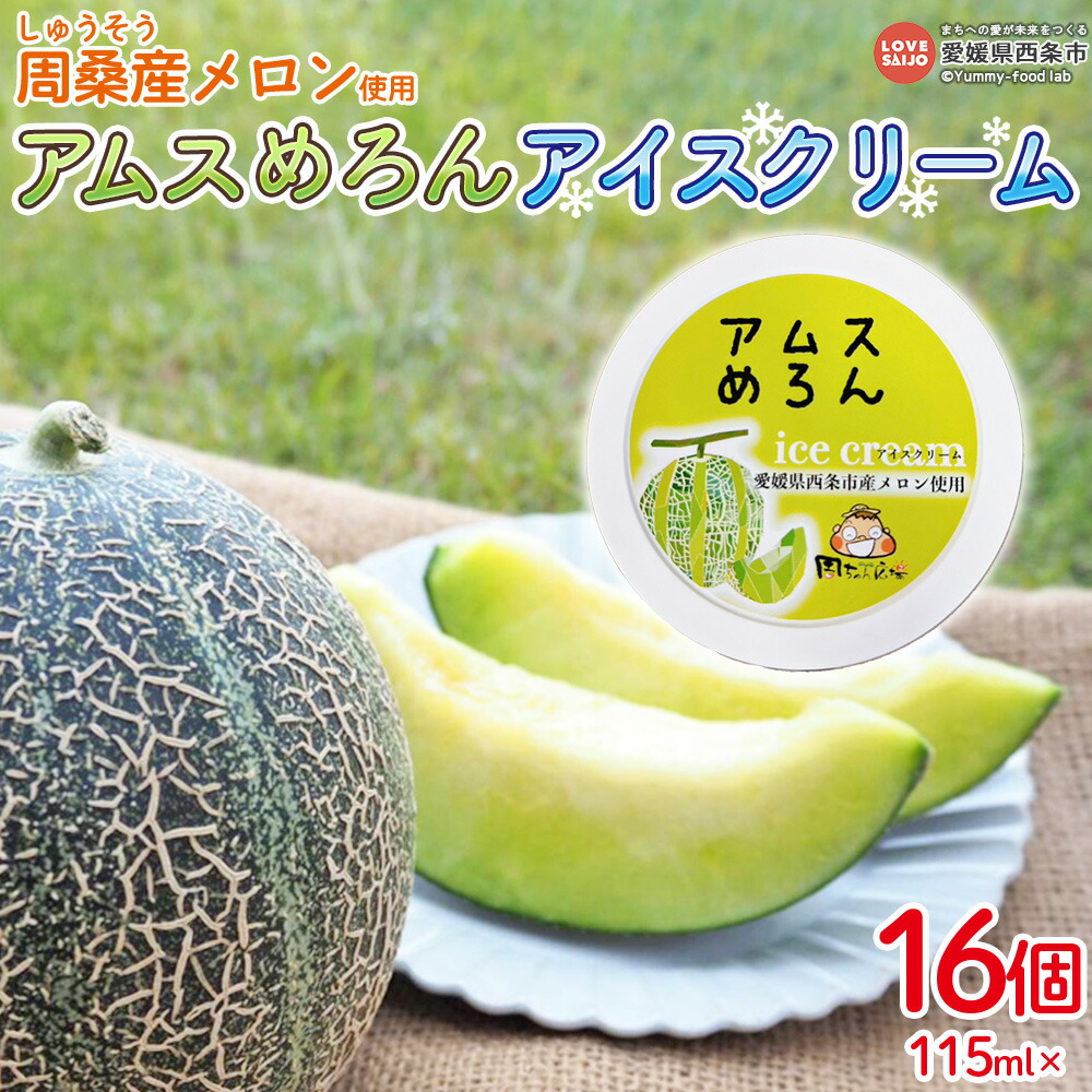 【ふるさと納税】＜愛媛県西条市産メロン使用 アムスめろんアイスクリーム 16個＞※翌月末迄に順次出荷します。スイーツ フルーツ 果物 くだもの アムスメロン おやつ 国産 産地直送 直売所 特産品 周ちゃん広場 しゅうそう JA周桑 農業協同組合 愛媛県 西条市【冷凍】