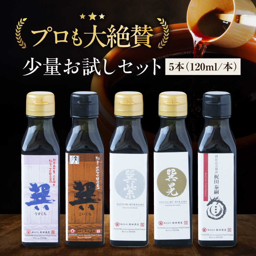 【ふるさと納税】醤油 お試しセット（巽淡口 巽濃口 紫 晃 再仕込み醤油梶田泰嗣）120ml×5本セット ミニボトル 本醸造 天然醸造 丸大豆 だし醤油 さいしこみしょうゆ 調味料 しょうゆ セット 食べ比べ 国産 おすすめ 人気 大洲市/株式会社梶田商店[AGBB046]