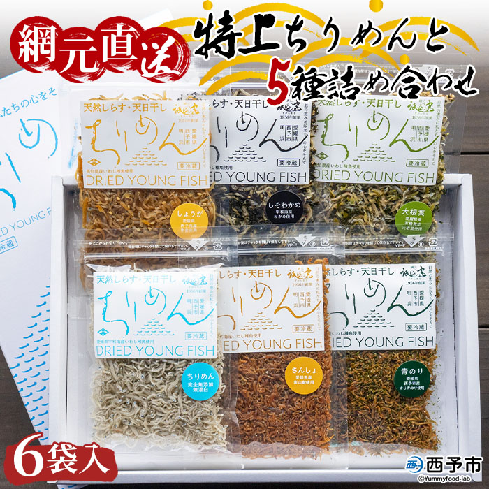 【ふるさと納税】<天日干し 特上ちりめんと5種詰め合わせ 6袋セット 合計240g ギフト箱入り> じゃこ しらす つめあわせ 実山椒 しそわかめ 大根葉 青のり 海産物 ごはんのお供 おにぎり 具材 おつまみ 網元 祇園丸 愛媛県 西予市【冷蔵】『1か月以内に順次出荷』|愛媛県西予市
