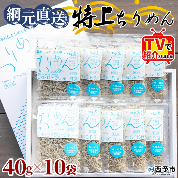 【ふるさと納税】TVで紹介！＜天日干し 特上ちりめん 合計400g（40g&times;10袋）ギフト箱入り＞ テレビ TV じゃこ しらす 小魚 さかな ごはんのお供 贈答 贈り物 御礼 小分け 海鮮 海産物 おつまみ おやつ 産地直送 網元・祇園丸 愛媛県 西予市 【冷蔵】『1か月以内に順次出荷』｜愛媛県西予市