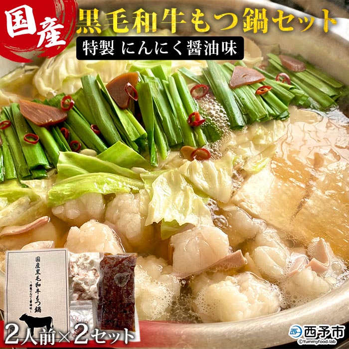 <国産 黒毛和牛 もつ鍋セット 特製 にんにく醤油味(2人前×2セット)>※1か月以内に順次出荷します。 濃縮 特製スープ 鷹の爪 簡単調理 下処理済み 野福 愛媛県 西予市