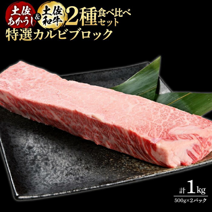 【ふるさと納税】熟成肉 土佐あかうし 土佐和牛2種食べ比べ 特選カルビブロック 約1kg (約500g×各1) 【株式会社LATERAL】[ATAY094]