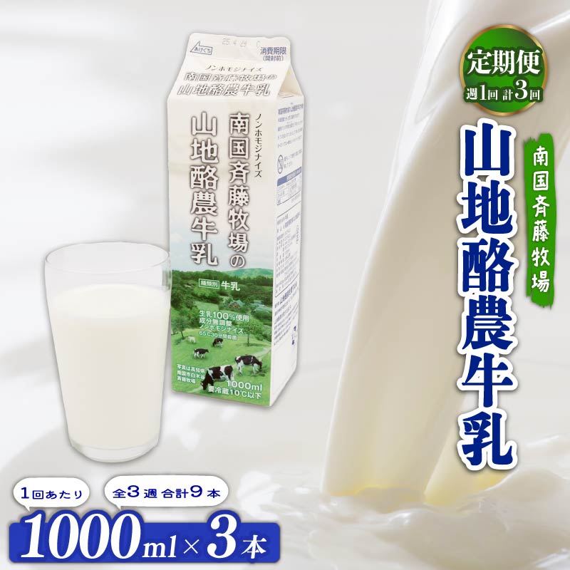 【ふるさと納税】 牛乳 1L &times; 3本 定期便 週1回配送 3回 ぎゅうにゅう ミルク 低温殺菌 自然放牧 山地酪農牛乳 成分無調整 生乳100％使用 手作り バター ノンホモジナイズ 朝食 送料無料 こだわり おいしい 人気 おすすめ 南国斉藤牧場 高知県 南国市｜高知県南国市