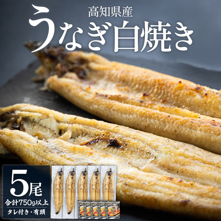 【ふるさと納税】高知県産うなぎの白焼き 5尾 合計750g以上（1尾150～180g）タレ付き エコ包装 - 鰻 ウナギ しらやき たれ 有頭 おつまみ ご飯のお供 うな丼 うな重 簡易包装 ご家庭用 ご自宅用 老舗 国産 土佐湾 丼ぶり ひつまぶし 吉川水産 高知県 香南市【冷凍】 yw-0060