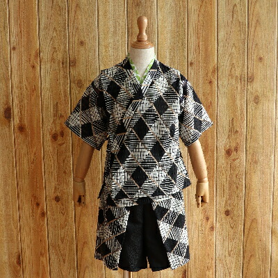【ふるさと納税】子ども甚平（patipati） 110～120cm ブラックチェック柄×グリーン 甚平 じんべい ファッション 子供服 キッズ服 香美市 高知県 送料無料 33,800円