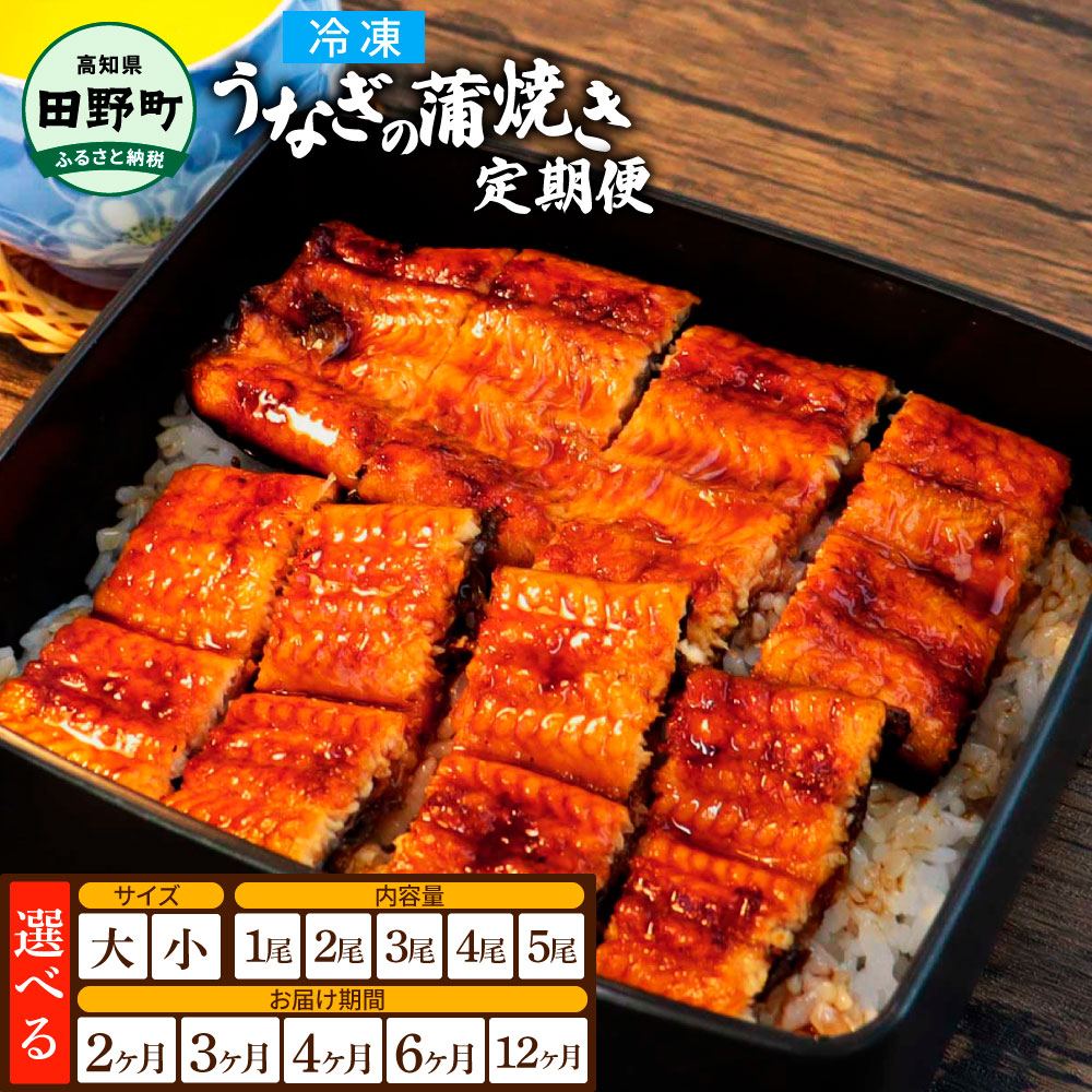 【ふるさと納税】田野町産うなぎの蒲焼き 定期便 選べるお届け内容 お届け回数 定期便 2~12ヶ月 サイズ大 小 1尾～5尾 1尾あたり90～120g/120～150g タレ付き 山椒付き うなぎ 鰻 ウナギ 蒲焼き かば焼き 無頭 おいしい ふっくら 養殖 国産 冷凍 高知県 10000円 30000円｜高知県田野町