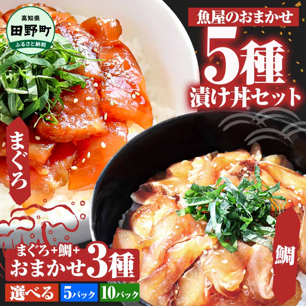 【ふるさと納税】漬け丼 5種 おまかせセット マグロ 鯛 おまかせ3種 80g×5P～ 鮪 鯛 詰め合わせ 漬け丼 海鮮丼 海鮮丼の具 漬け どんぶり 丼 5パック 10パック 海鮮 魚 個食 個包装 小分け 海鮮丼セット 冷凍 配送 高知県 6000円 10000円 食べ比べ 保存食 一人暮らし 魚