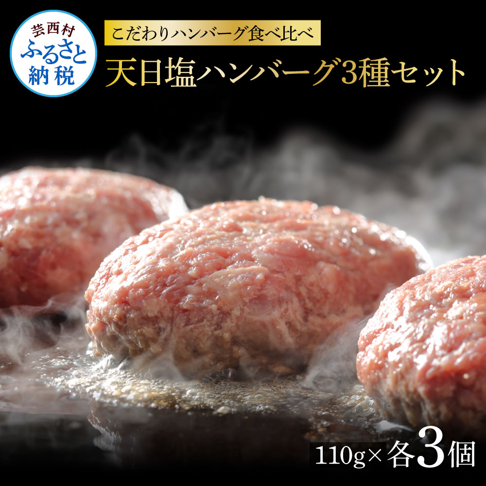 【ふるさと納税】食べ比べ！天日塩ハンバーグ3種セット各3個(110g×3種) 合計9個 ハンバーグ 黒毛和牛 美鮮豚 天然塩 天日塩 デミグラスソース 和風ソース ソース付き 牛肉 豚肉 温めるだけ 冷凍 配送 国産 故郷納税 ランキング 人気 おすすめ ランキンング