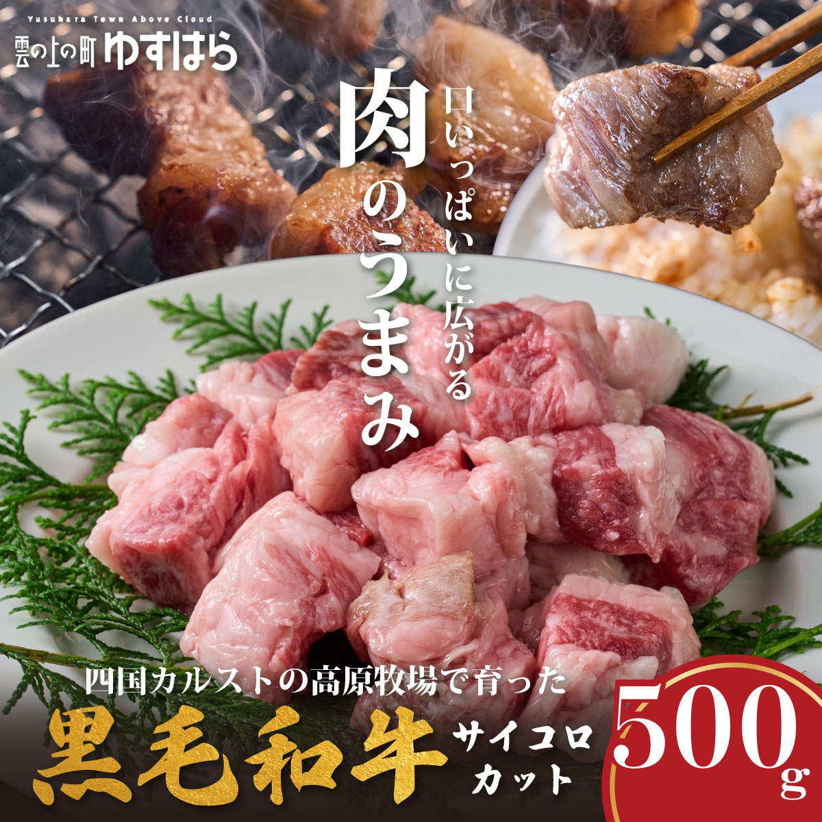 【ふるさと納税】低温でも脂身がとろけるゆすはら牛サイコロカット 500g　牛肉 和牛 黒牛 BBQ オレイン酸 高知県産