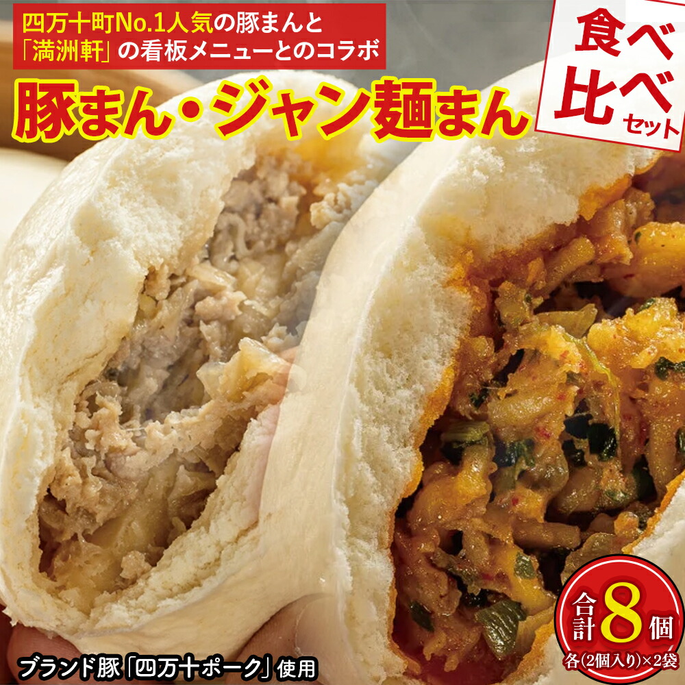 【ふるさと納税】 四万十町No.1人気の豚まん食べ比べセット　豚まん2袋×ジャン麺まん2袋 Qak-42　豚まん BIGサイズ 豚肉 四万十ポーク ブランド豚 8個 8P 小分け 個包装 冷凍 お手軽 人気 国産 日付指定可能 惣菜 おやつ