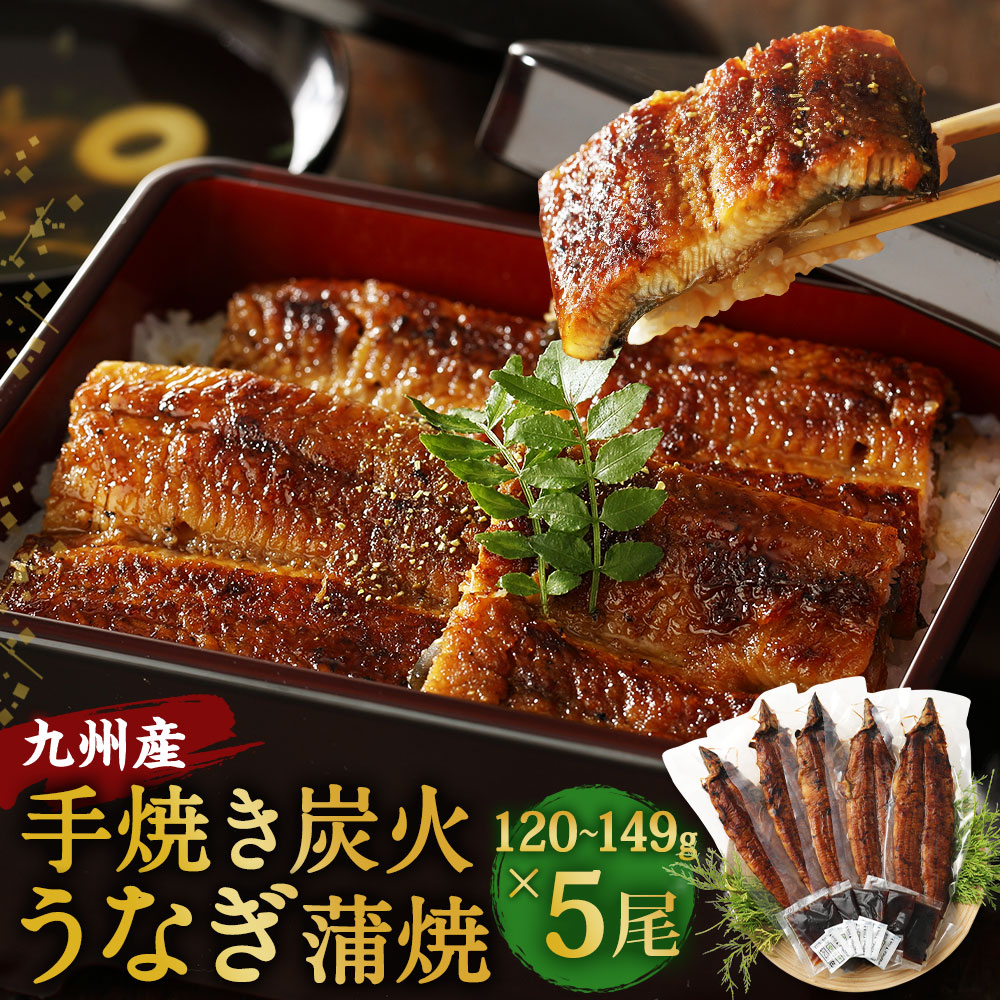 九州産 手焼き炭火うなぎ 蒲焼 5尾(1尾あたり120〜149g) 合計600g以上 たれ・山椒付き 鰻 蒲焼き 土用の丑の日 夏 冷凍 国産 送料無料