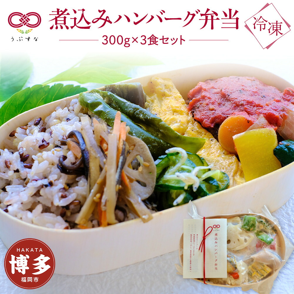 【ふるさと納税】【冷凍】煮込みハンバーグ弁当3食セット　有機・特別栽培野菜　九州　福岡　国産食材