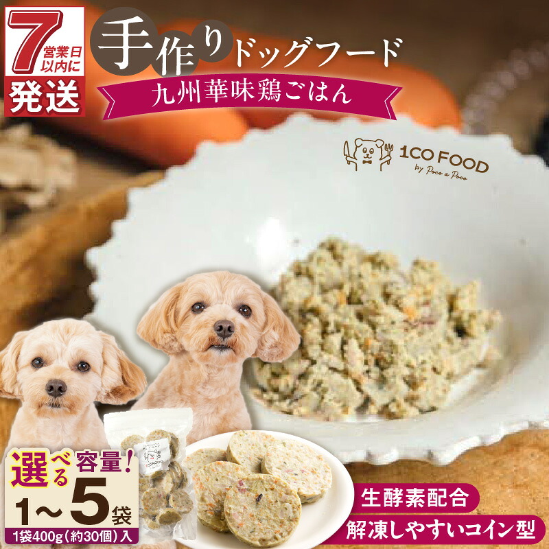 【ふるさと納税】ドッグフード 手作り 九州華味鶏 ごはん 選べる 内容量 400g &times; 1袋 ～ 5袋 1cofood 華味鶏 もも肉 桜島鶏 ささみ 国産野菜 米 フルーツ 生酵素 オリーブオイル 海藻 コイン型 ペット 冷凍 福岡県 久留米市 送料無料｜福岡県久留米市 26,000円