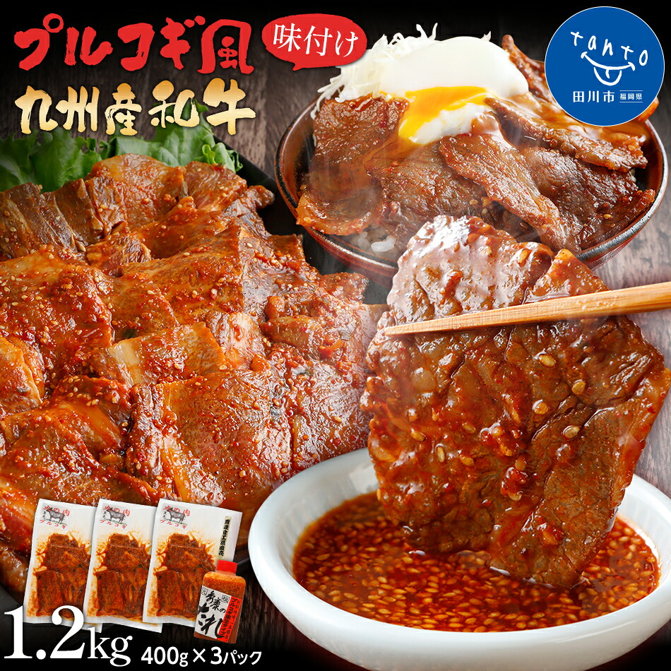 【ふるさと納税】プルコギ風味付け 九州産和牛 1.2kg(400g&times;3パック) 焼肉屋さんのプルコギ風タレ付き 牛肉 焼肉 BBQ　タレ漬け 焼肉のたれ 焼肉用 お土産 焼くだけ 簡単 肉 おかず 惣菜 真空パック 小分け 九州 ご当地グルメ 福岡土産 食品｜福岡県田川市 12,160円