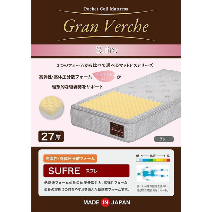 【ふるさと納税】セミダブルサイズ 国産ポケットコイル 高弾性高体圧分散フォーム マットレス グランヴェルチェスフレ | SD 厚さ27cm やわらかめ 高弾性 低反発 並行配列 ニット生地 ウレタン 防ダニ 抗菌 防臭 寝具 布団 ベッド 敷布団 腰痛 安眠｜福岡県大川市 125,000円