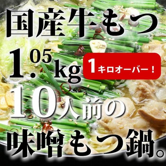 【ふるさと納税】国産牛もつ1kgオーバー！味噌もつ鍋 10人前[牛もつ1.05kg／味噌スープ付]