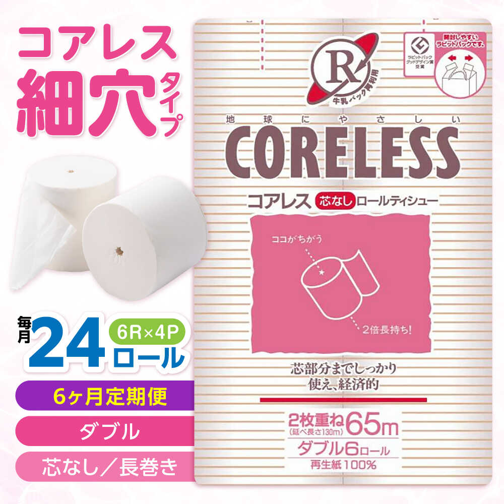 【ふるさと納税】【全6回定期便】【細穴タイプ】　トイレットペーパー ダブル 24ロール 長巻き 65m (6ロール×4パック) 宅配 コアレス 《豊前市》【大分製紙】[VAA064] 備蓄 防災 まとめ買い 日用品 消耗品 常備品 生活用品 大容量 5700057000円