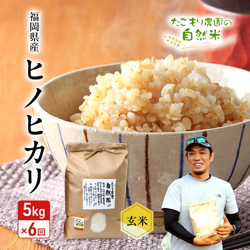 【ふるさと納税】定期便 6ヶ月 米 たごもり農園の自然米 ヒノヒカリ 玄米 5kg お米 6回｜福岡県小郡市