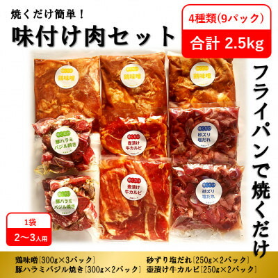 【ふるさと納税】【毎月定期便】焼くだけ簡単!味付け肉セット(合計2.5kg)全6回_ 定期便 肉 焼肉 味付け肉 簡単調理 おつまみ おかず 冷凍 人気 おすすめ 送料無料 贈答 ギフト 真空パック 焼くだけ セット BBQ バーベキュー タレ漬け 【配送不可地域：離島】【4062098】｜福岡県大野城市