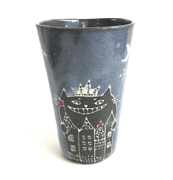 【ふるさと納税】猫町キングのタンブラー LLサイズ【716】_HA0981 送料無料可愛い 猫好き プレゼント 贈り物 手作り 焼き物 陶器 アイデア 日用品 食器 雑貨 手びねり 記念品 インテリア 遊び心 ビール ジュース お茶 ドリンク ブルー|福岡県宗像市