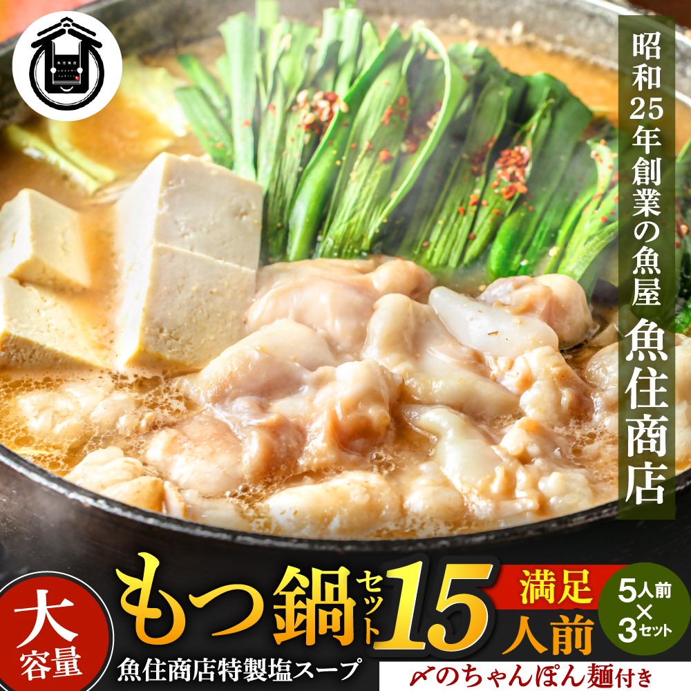 【ふるさと納税】もつ 1.5kg 特製 塩もつ鍋 満足 15人前 (5×3セット)【魚住商店】_HA1566 送料無料 もつ ホルモン モツ ちゃんぽん 麺 たっぷり お得 大満足