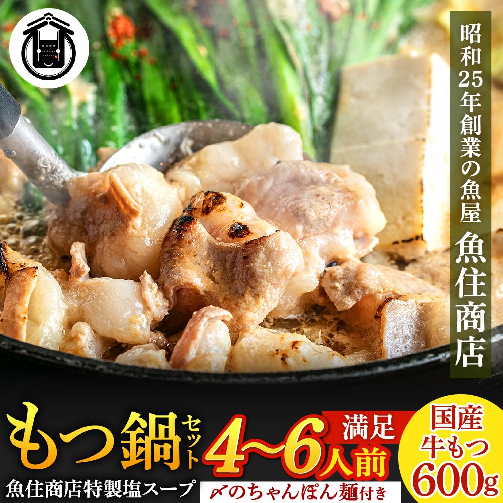 【ふるさと納税】魚住商店特製 国産牛もつ使用 塩もつ鍋セット(4～6人前)【魚住商店】_HA2000 〆のチャンポン麺付き 国産モツ鍋 鍋 ホルモン 肉 もつ 国産もつ鍋 塩もつ鍋 塩モツ鍋 出汁つき 小分け 個包装 冷凍 惣菜 お惣菜 おかず おすすめ 福岡県宗像市｜福岡県宗像市