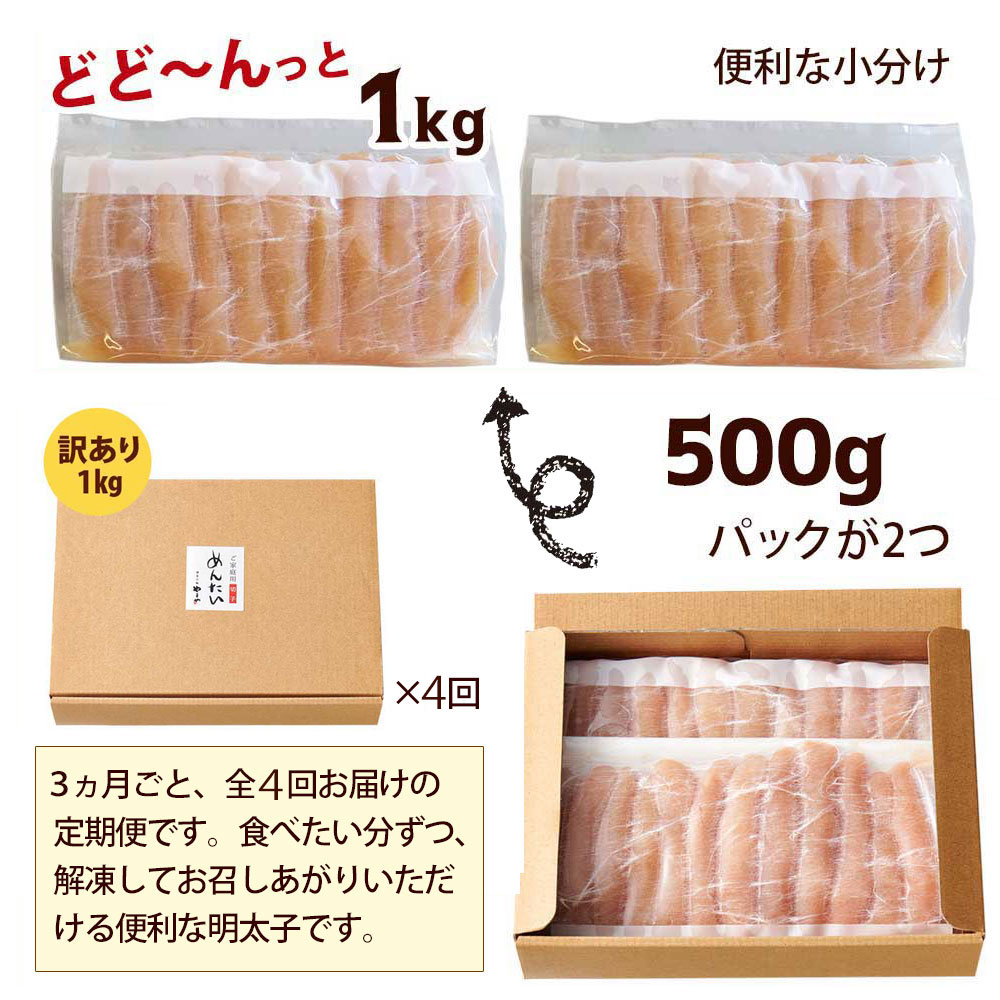 市場 ふるさと納税 徳用切子冷凍 訳あり 1kg×4回 年4回 やまや 定期便 熟成無着色辛子明太子