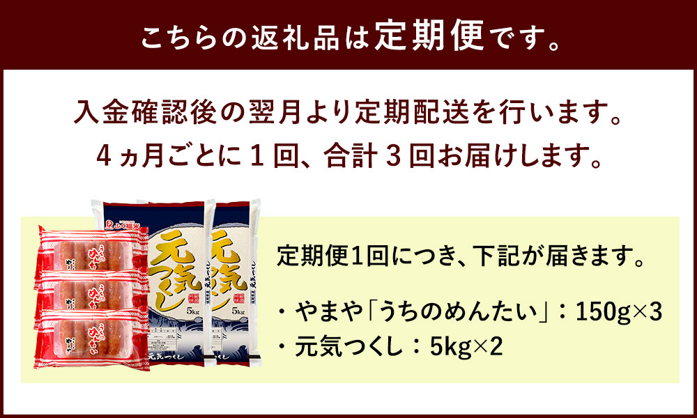 やまやの訳あり明太切子450gと元気つくし10kgのセット 150g 3 うちのめんたい やまやのご家庭用切子 うちのめんたい 450gとお米 元気つくし 10kgをセットでお届けいたします おつまみ 訳あり 辛子明太子 ふるさと納税 やまや 定期便3回 魚卵 やまや 明太子
