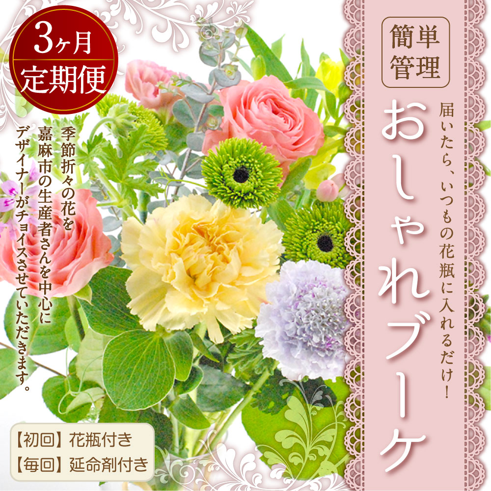 3回定期便 届いたらいつもの花瓶に入れるだけ ふるさと納税 簡単管理のおしゃれブーケ 花 観葉植物 旬 初回花瓶付き 3回 フラワー 延命剤付き 3回 花束 定期便 インテリア 季節折々の花を嘉麻市の生産者さんを中心にデザイナーがチョイスさせていただきます お花