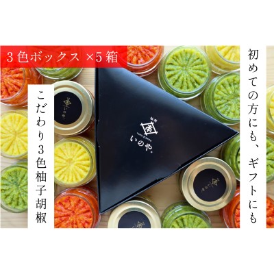【ふるさと納税】いのや。の3色 柚子胡椒セット（赤・黄・緑 各色60g）【ボックス付】×5※配送不可：離島 調味料 3種類 贈り物 ギフトボックス 詰め合わせ 食卓 肉料理 魚料理 おかず 味付け 辛味 ピリ辛 食べ比べ お年賀 ギフト