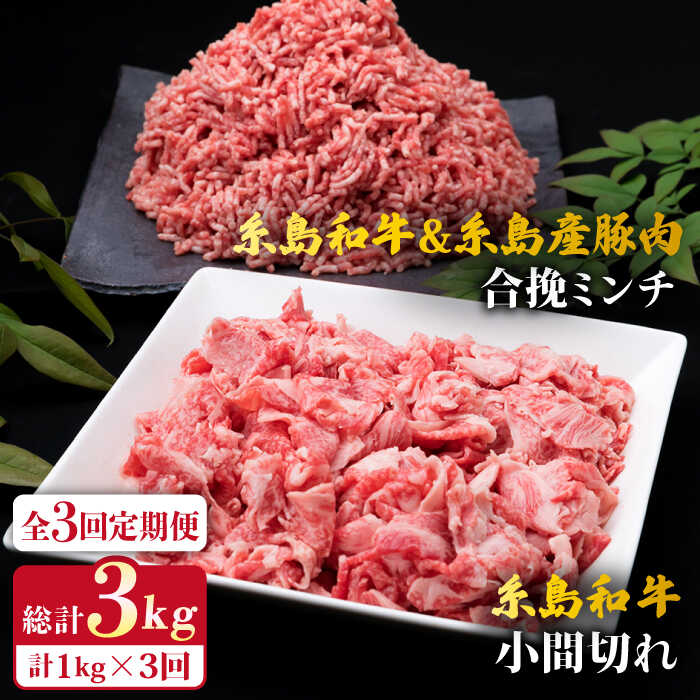 【ふるさと納税】【全3回定期便】糸島和牛 小間切れ 500g ＆ 糸島和牛 糸島産豚肉 合挽 ミンチ 500g 計1kg 糸島市 / 糸島ミートデリ工房 [ACA237] 黒毛和牛 冷凍配送 32000円 3万2千円