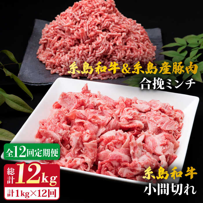 【ふるさと納税】【全12回定期便】糸島和牛 小間切れ 500g ＆ 糸島和牛 糸島産豚肉 合挽 ミンチ 500g 計1kg 糸島市 / 糸島ミートデリ工房 [ACA239] 黒毛和牛 冷凍配送 100000円 10万円 71,500円