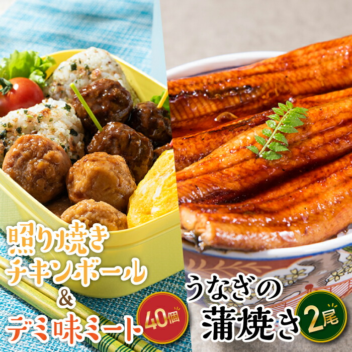 【ふるさと納税】うなぎの蒲焼２尾＆デミ味ミート＆照り焼きチキンボール４０個（２種×２０個）【新宮町レインボーセット】鰻 たれ 山椒 ミートボール お弁当 小分け 便利.A1440